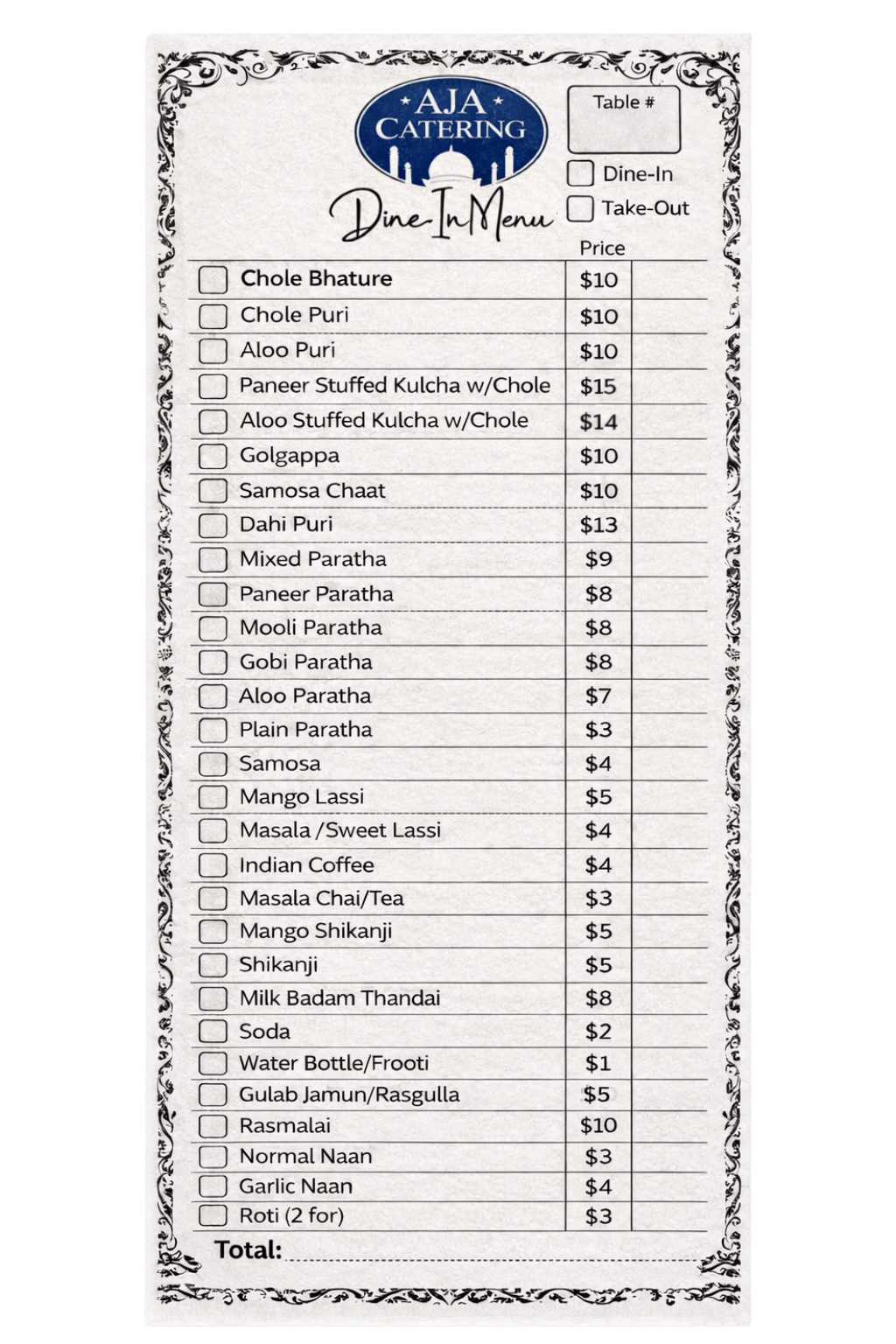 In-Restaurant Dining Menu Card